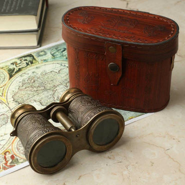 Brown and Brass Binoculars with Leather Pouch