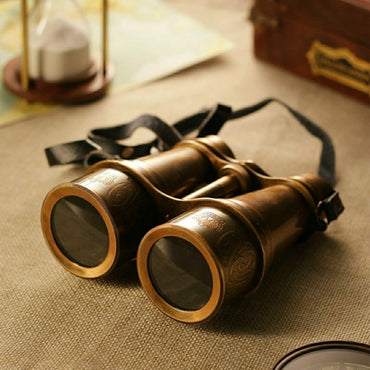 Brass Carved Binoculars with Leather Pouch