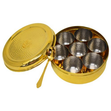 Premium Heavy Gold Brass Hammered Masala Box , HAMMERED Spice Box For Kitchen, Hammered Design Spice Container,Indian Spice Masala Rack