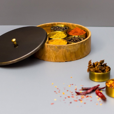 Wood Spice box Traditional and Elegant with Brass Lid and Brass Container, Stunning Glossy Finish, Big, Heavy and Beautiful, 1 Stock Left