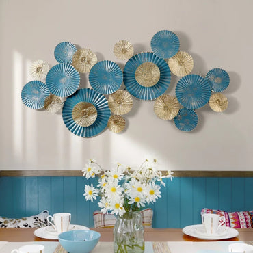 Teal White and Gold Round Fan Patterned Wall Mural
