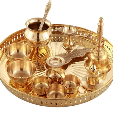 Brass Pooja Thali Set (Gold),Brass Puja Thali With Diya Prasad Wati And Sindur Wati,