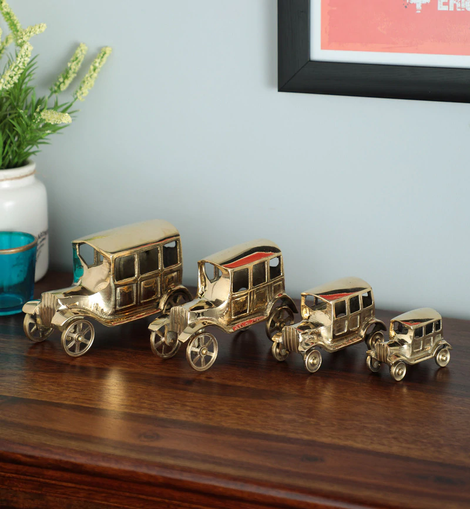 Gold Brass Vintage Car Set of 4 Automobile Miniature