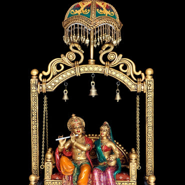 Duco Paint Hindu Divine Couple Statue, Brass Small Radha Krishna Chatri Jhula,For Temple,Exotic Radha-Krishna Golden Chatri Jhula, For Home