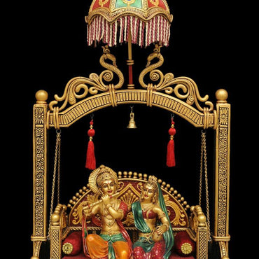 Duco Paint Hindu Divine Couple Statue, Brass Small Radha Krishna Chatri Jhula,For Temple,Exotic Radha-Krishna Golden Chatri Jhula, For Home