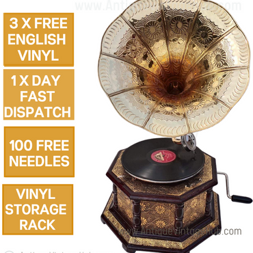 Brass Embossed Octoganal Antique Working HMV Gramophones