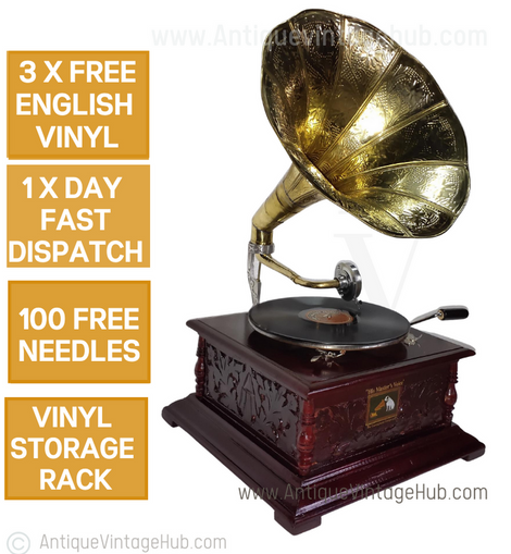 Antique Gramophone Record Player,With Horn,Needle tin,speaker light,Vinyl Player,Needles,Phonograph Horn,78 RPM Records,Old Victrola Cabinet
