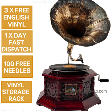 Antique HMV Gr amophone, Working Phonograph,Vintage His Master Voice RecordPlayer,Vinyl Player,FREE 100 Needles,3 English Vinyl & Vinyl Rack