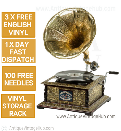 Grey or Gold Embossed and Carved Gramophone with Antique Horn
