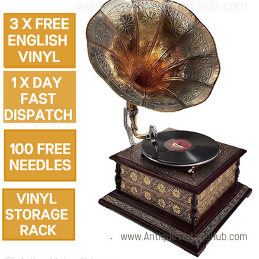 Working Brass Embossed Vintage Gramophone Record Player