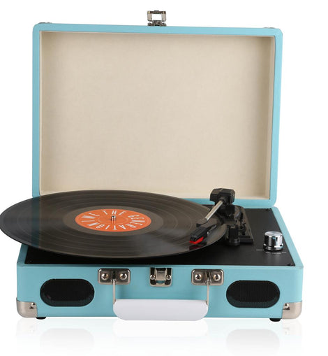 Blue Turntable Record Player Suitcase Gramophone Vinyl Players 3 speeds,Plays Vinyls and LP's, Valentines Day Gift for Him or Gift for her