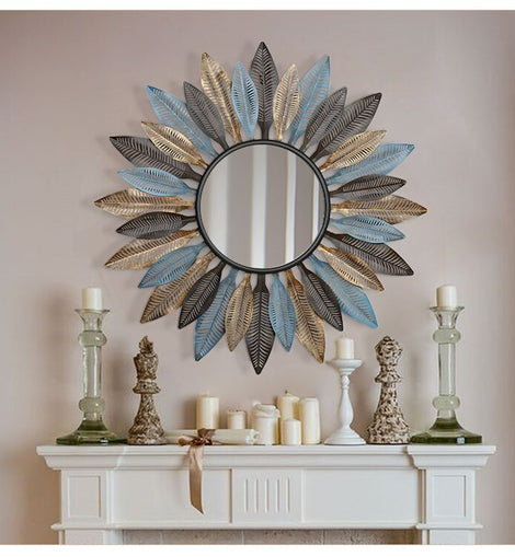 Iron Leaf Shaped Sun Decorative Mirror Wall