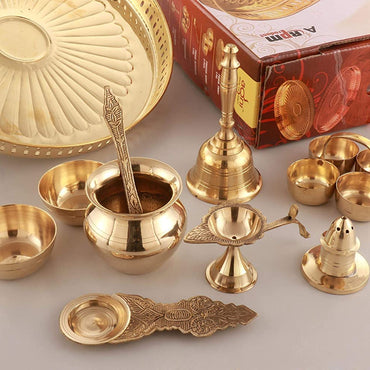 Brass Pooja Thali Set (Gold),Brass Puja Thali With Diya Prasad Wati And Sindur Wati,