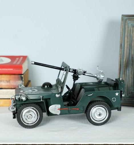 Vintage Military Jeep With Canon And Gun Machine Miniature Showpiece