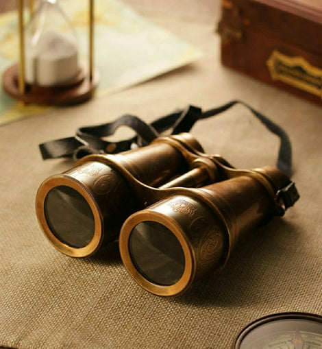 Brass Carved Binoculars with Leather Pouch