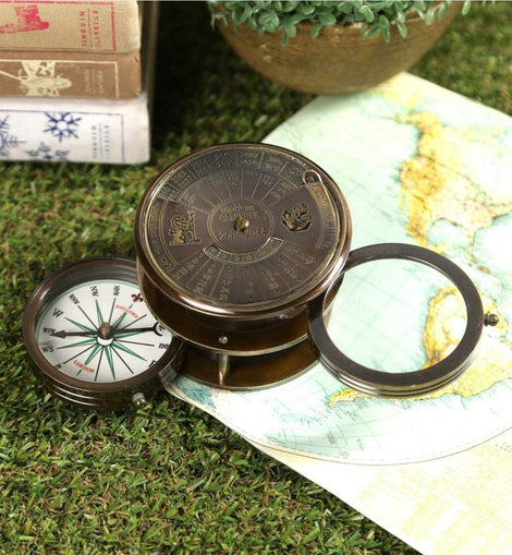 Brass Compass with Magnifier and World Date Calender Nautical Vintage