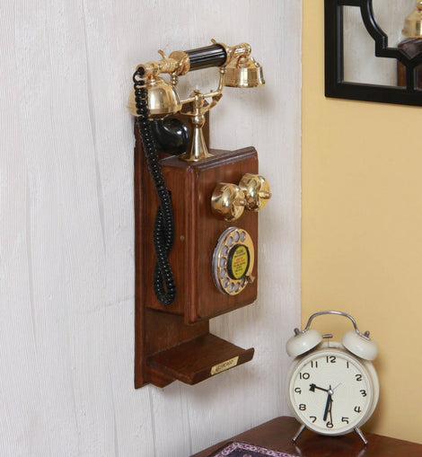 Wood and Brass Retro Telephone with Shelf