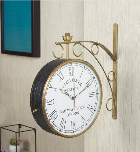 Dark Brown Leather Double Sided Station Victoria Wall Clock