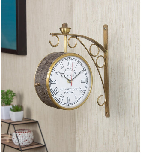 Gold Iron Leather Wrapped Words Embedded 6 Inch Dial Victoria Double Sided Platform Clock