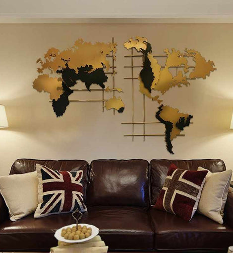 Wrought Iron world Map Gold and Black Wall Art Mural