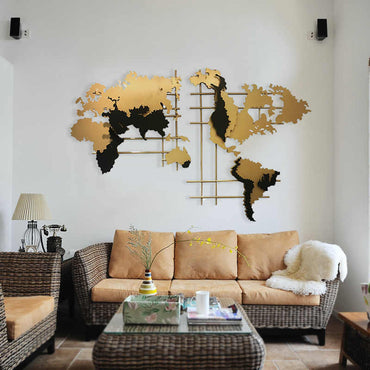 Wrought Iron world Map Gold and Black Wall Art Mural