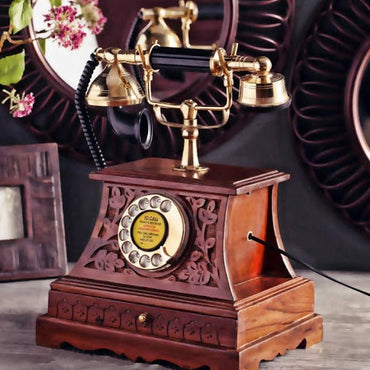 Brown Wood and Brass Fully Functioning Drawer Retro Telephone