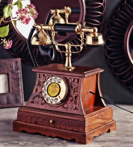 Brown Wood and Brass Fully Functioning Drawer Retro Telephone