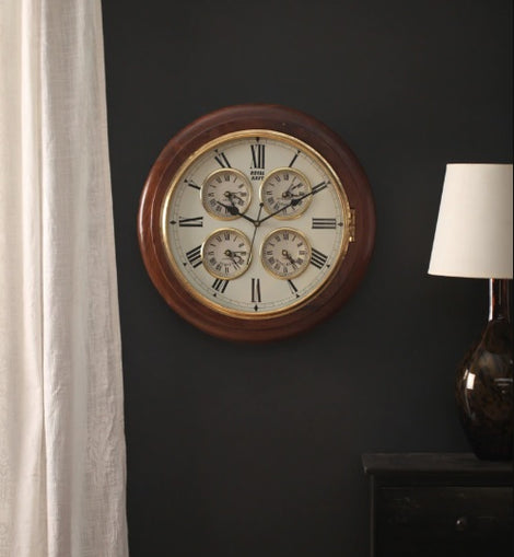Brown Wooden Vintage Style Wall Clock with 4 Embedded small Clock