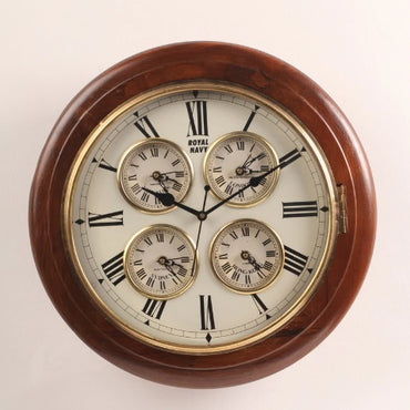 Brown Wooden Vintage Style Wall Clock with 4 Embedded small Clock