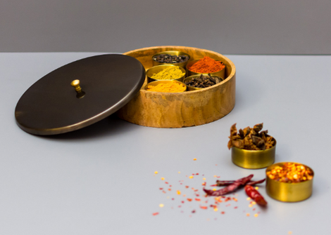 Wood Spice box Traditional and Elegant with Brass Lid and Brass Container, Stunning Glossy Finish, Big, Heavy and Beautiful, 1 Stock Left