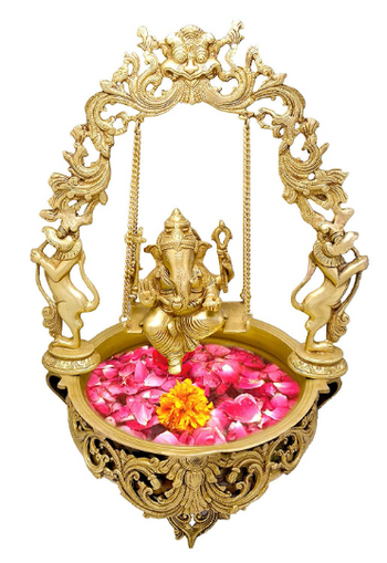 Big Swing Ganesha Brass Urli Showpiece, Urli with God,Brass Urli with Ganapathy for entry way,Kerala Uruli, Tamilnadu Traditional God urli