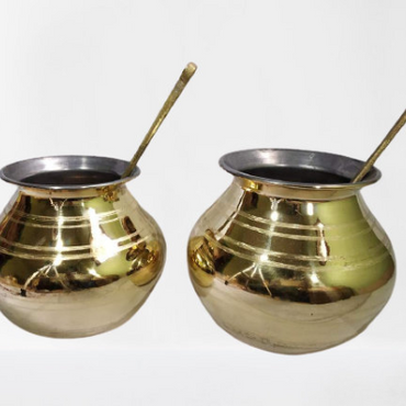 Gold Coated Kumbakonam Traditional Brass Urli Pongal Pot,Handi with Inner tin Coating and Ladle,640g ,Capacity 4000 ml - Free Fast Dispatch