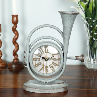 Grey Iron Vintage Horn Shape Rustic Table Top Clock