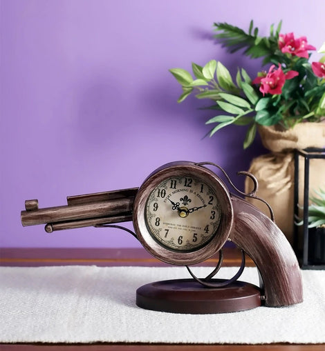 Brown Iron Gun Analog Table Clock