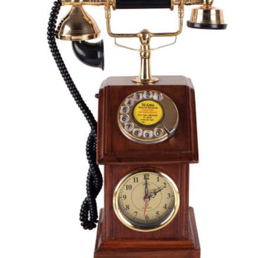 Fully Functional Brown Wooden Replica of Antique Telephone with Clock