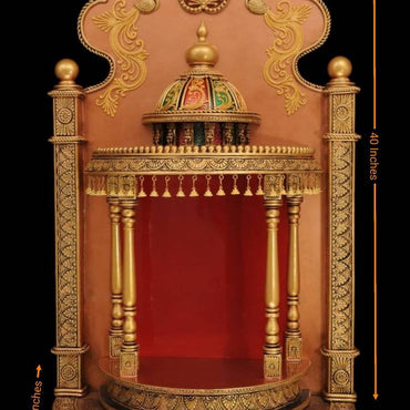 Antique Looking Huge Round Golden Temple | Pooja Mandir | Pooja Unit | Prayer Unit Handmade Artwork with attached Backdrop 24"x13"×40"