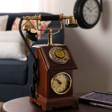 Fully Functional Brown Wooden Replica of Antique Telephone with Clock