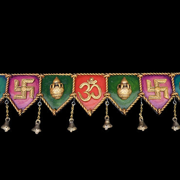 Handcrafted Door Hanging with Bells or Border Patti Toran of Hindu God Symbols