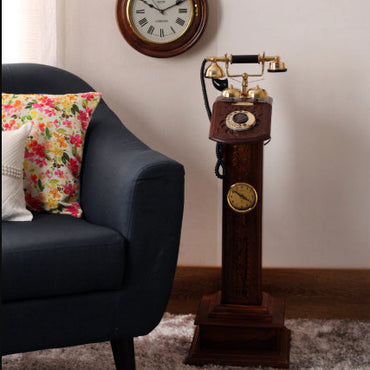 Vintage Wooden Carved Tower Rotatory Dial Antique Telephone with Clock