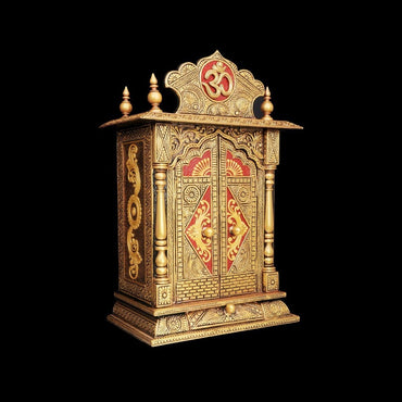 Antique Looking HandCrafted Artwork Gold Coated Prayer Unit | Pooja Mandir | Home Temple | Pooja Almirah | Pooja Cabinet with Arch Drawer