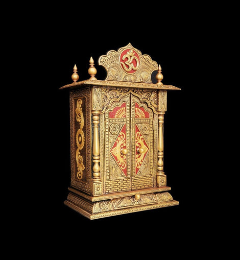 Antique Looking HandCrafted Artwork Gold Coated Prayer Unit | Pooja Mandir | Home Temple | Pooja Almirah | Pooja Cabinet with Arch Drawer