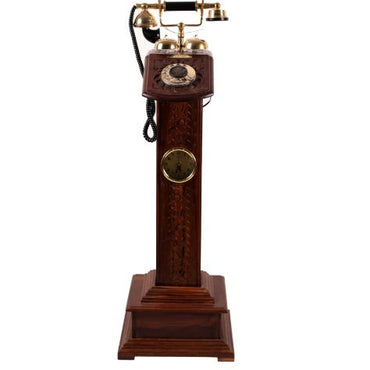 Vintage Wooden Carved Tower Rotatory Dial Antique Telephone with Clock