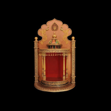 Antique Looking Huge Round Golden Temple | Pooja Mandir | Pooja Unit | Prayer Unit Handmade Artwork with attached Backdrop 24"x13"×40"