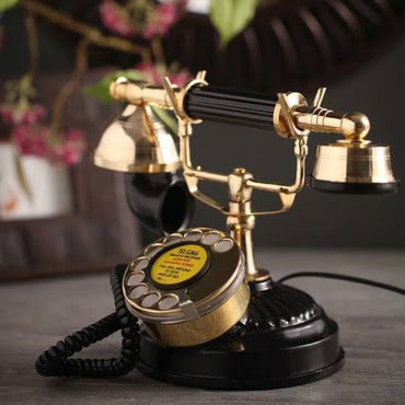 Black and Brass Metal Round Dial Flower Designed Retro Telephone