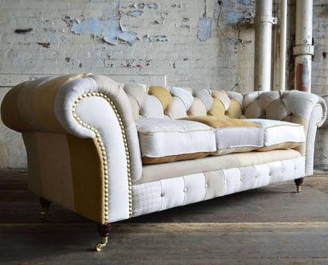 Patch Work Light  Beige Yellow Multicolor Chesterfield Sofa