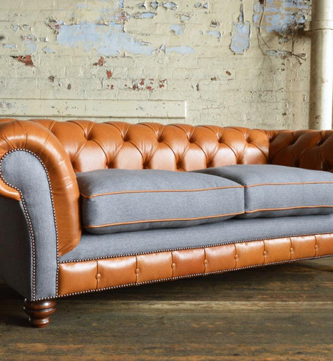 light Grey  Fabric with Leather Mixed Chesterfield Sofa