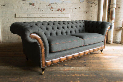Grey Fabric and Tan Leather Chesterfield Sofa